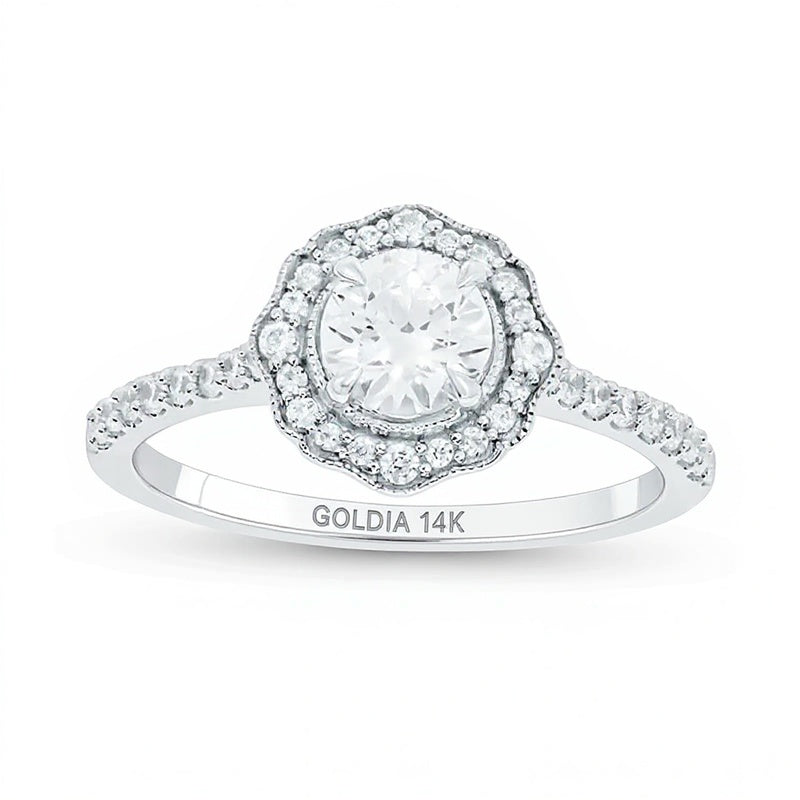 0,75 ct. Gesamtgewicht Diamant Halo Verlobungsring im Vintage-Blumenstil in 14K Weißgold (I/I2)