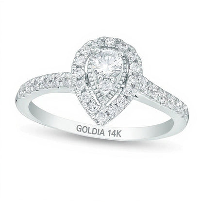 0,5 ct. Gesamtgewicht Diamant Verlobungsring im Vintage-Stil mit tropfenförmigem Halo in 14K Weißgold