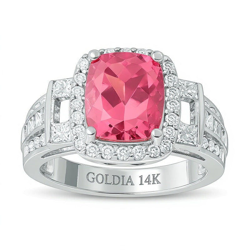 Ring mit rosa Turmalin im Kissenschliff und 1,25 ct. Gesamtgewicht Diamanten im Halo aus 14K Weißgold