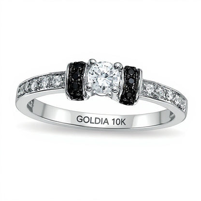 0,25 ct. Gesamtgewicht behandelter schwarzer und weißer Diamant Solitär mit seitlichem Besatz Verlobungsring in 10K Weißgold