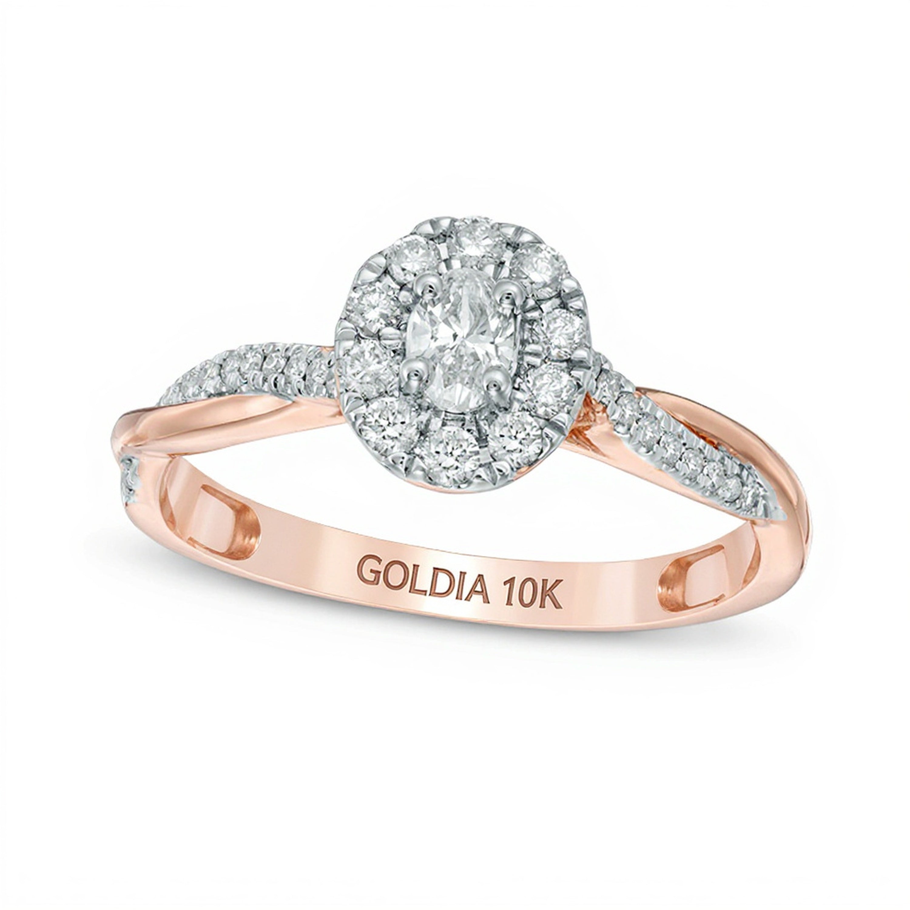 0.38 ct. Gesamtgewicht Verlobungsring mit ovalem Diamant, Halo und Twist-Design in 10K Roségold