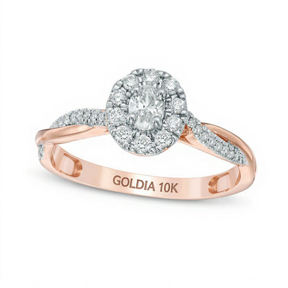 0.38 ct. Gesamtgewicht Verlobungsring mit ovalem Diamant, Halo und Twist-Design in 10K Roségold