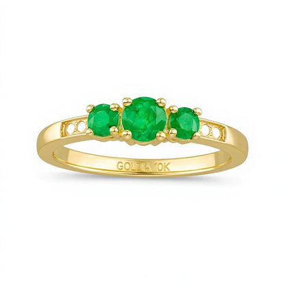 Dreistein-Ring mit Smaragd und Diamant-Besatz in 10K Gelbgold