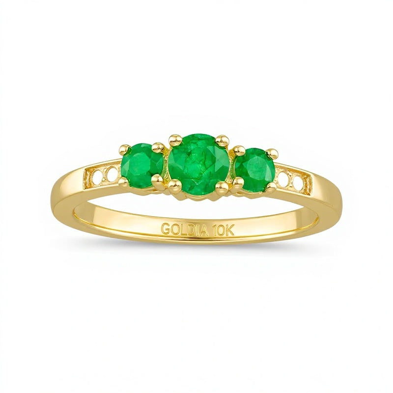 Dreistein-Ring mit Smaragd und Diamant-Besatz in 10K Gelbgold