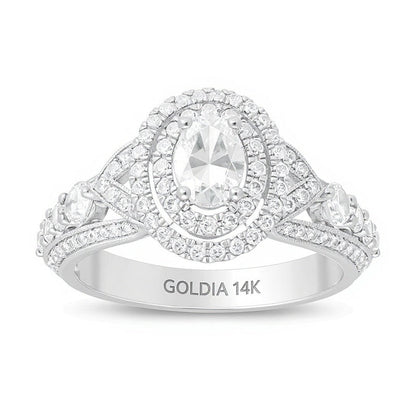Halo Verlobungsring mit ovalem und rundem Diamant in 14K Weißgold, 1.63 ct. Gesamtgewicht
