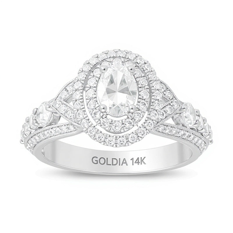 Halo Verlobungsring mit ovalem und rundem Diamant in 14K Weißgold, 1.63 ct. Gesamtgewicht