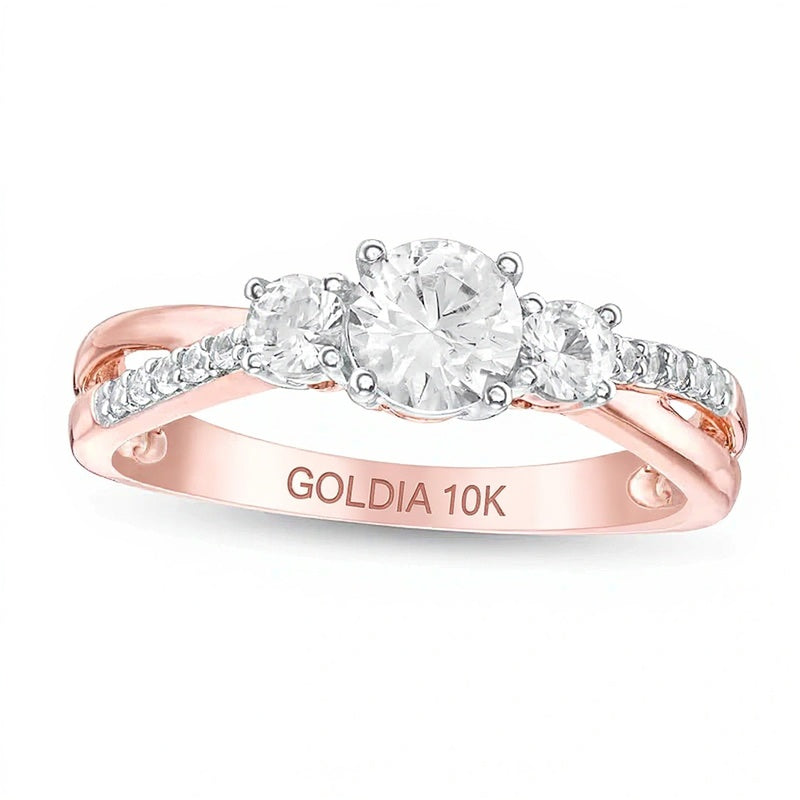 Dreistein-Ring mit im Labor gezüchtetem weißem Saphir in 10K Roségold