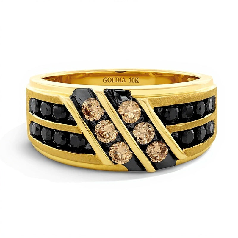 1.0 CT. Gesamtgewicht Ring mit schwarzen und braunen Diamanten, zweireihig diagonal, in 10K Gelbgold