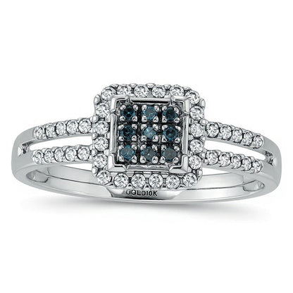 0,25 ct. Gesamtgewicht behandelter blauer und weißer Diamant Fashion-Ring mit quadratischem Rahmen und geteilter Schiene in 10K Weißgold