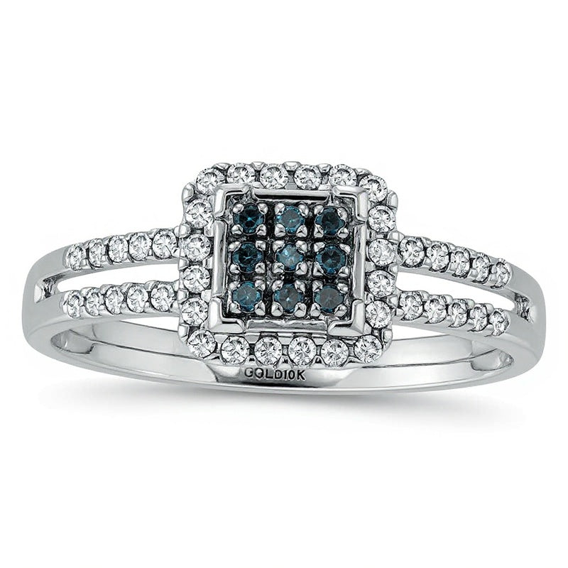 0,25 ct. Gesamtgewicht behandelter blauer und weißer Diamant Fashion-Ring mit quadratischem Rahmen und geteilter Schiene in 10K Weißgold