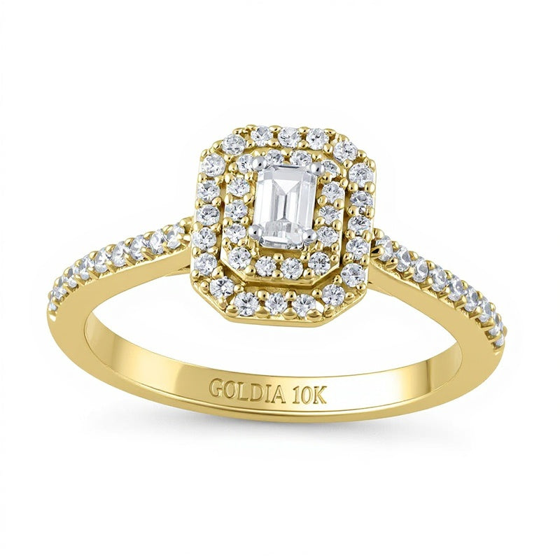 Verlobungsring mit Diamant im Smaragdschliff 0,5 ct. Gesamtgewicht und doppeltem oktogonalem Halo in 10K Gelbgold