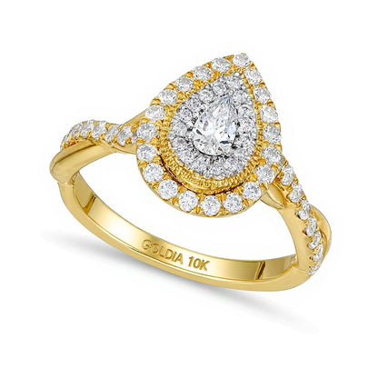 0.75 CT. Gesamtgewicht Verlobungsring mit tropfenförmigem Diamant und doppeltem Halo sowie gedrehter Ringschiene in 10K Gelbgold