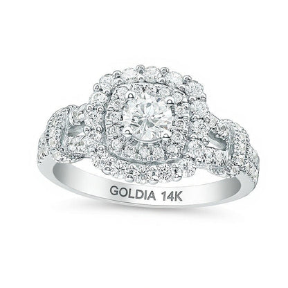 Verlobungsring im Vintage-Stil mit Halo, Diamanten (rund & Kissenschliff) 1.0 CT. Gesamtgewicht in 14K Weißgold