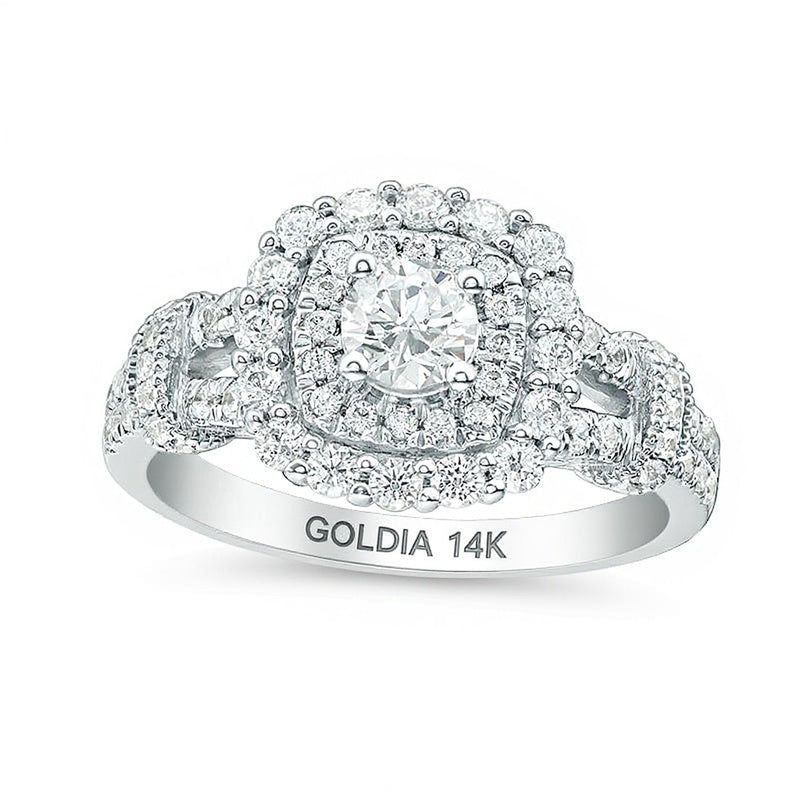 Verlobungsring im Vintage-Stil mit Halo, Diamanten (rund & Kissenschliff) 1.0 CT. Gesamtgewicht in 14K Weißgold