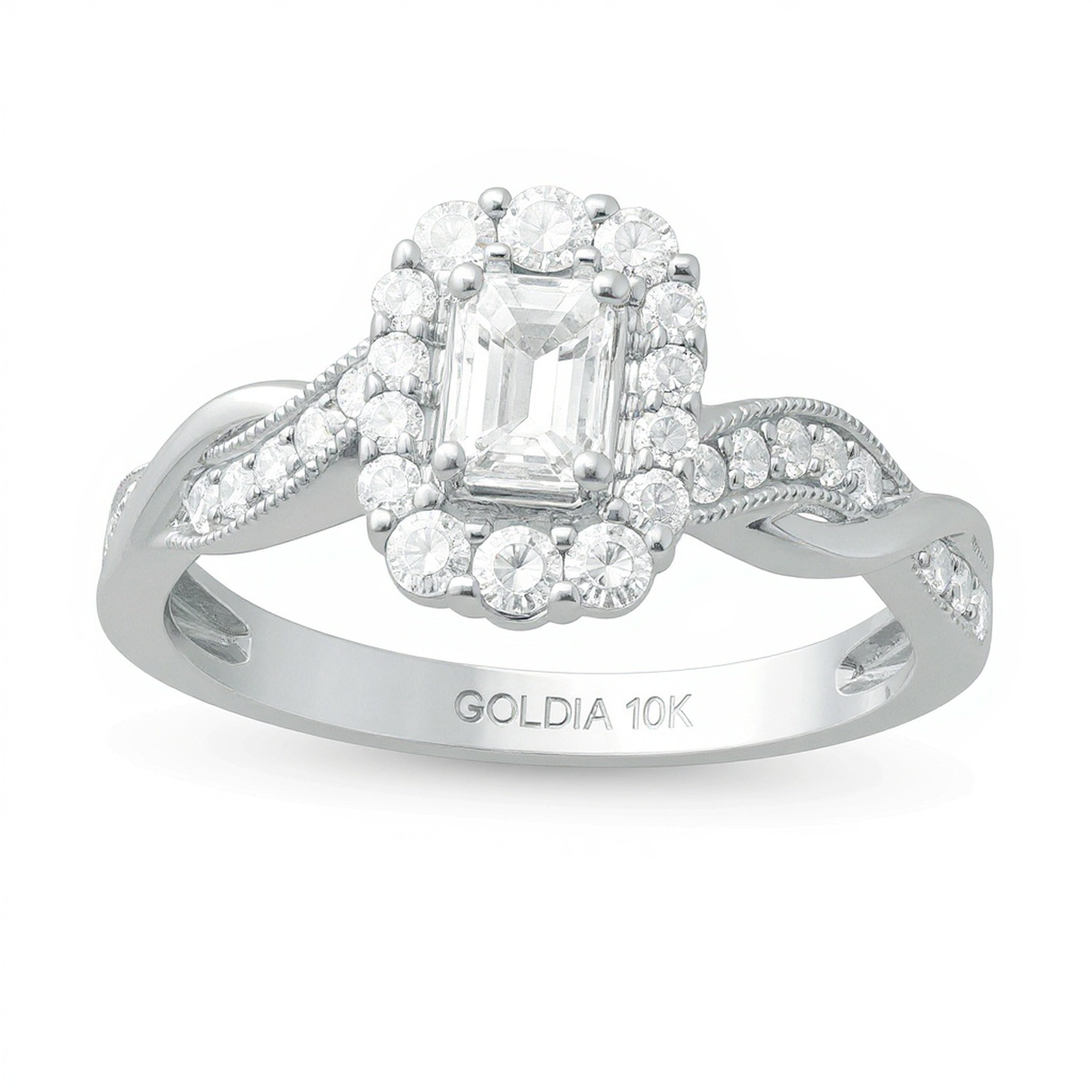 Verlobungsring im Vintage-Stil mit Diamanten im Smaragdschliff 0.75 ct. Gesamtgewicht, Halo, in 10K Weißgold