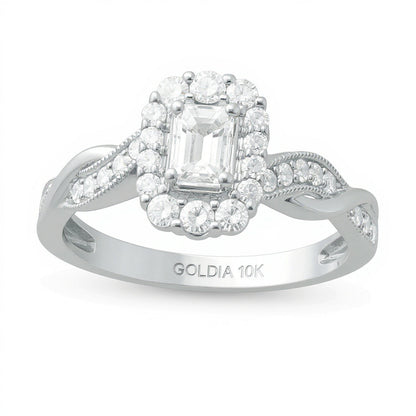 Verlobungsring im Vintage-Stil mit Diamanten im Smaragdschliff 0.75 ct. Gesamtgewicht, Halo, in 10K Weißgold