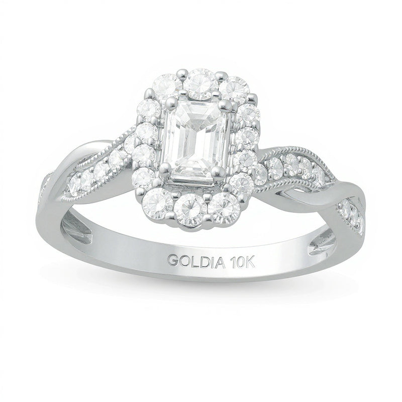 Verlobungsring im Vintage-Stil mit Diamanten im Smaragdschliff 0.75 ct. Gesamtgewicht, Halo, in 10K Weißgold