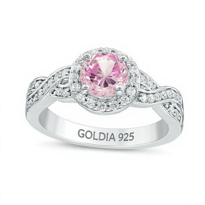 Verlobungsring mit 7,0 mm rosa Labor-Saphir und Diamanten 0,25 ct. Gesamtgewicht in rhodiniertem Sterlingsilber