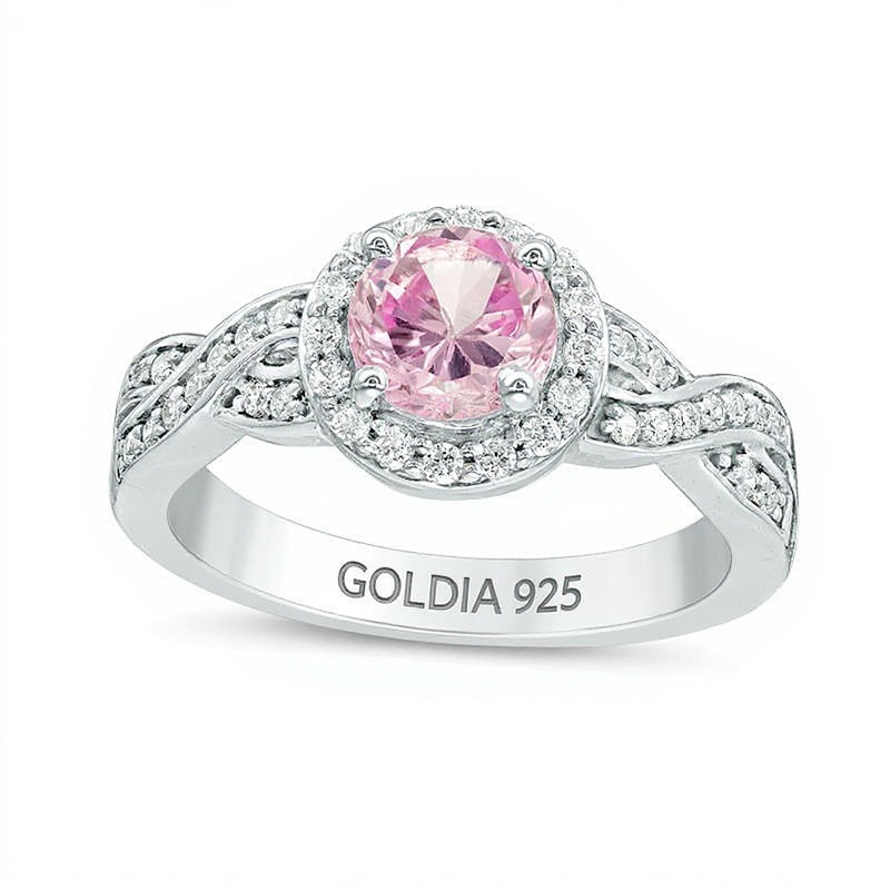 Verlobungsring mit 7,0 mm rosa Labor-Saphir und Diamanten 0,25 ct. Gesamtgewicht in rhodiniertem Sterlingsilber