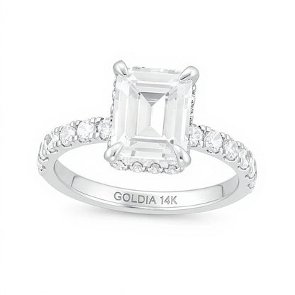 3.88 CT. Gesamtgewicht Solitär mit seitlichem Besatz Verlobungsring mit Labordiamanten im Smaragdschliff in 14K Weißgold (I/SI2)