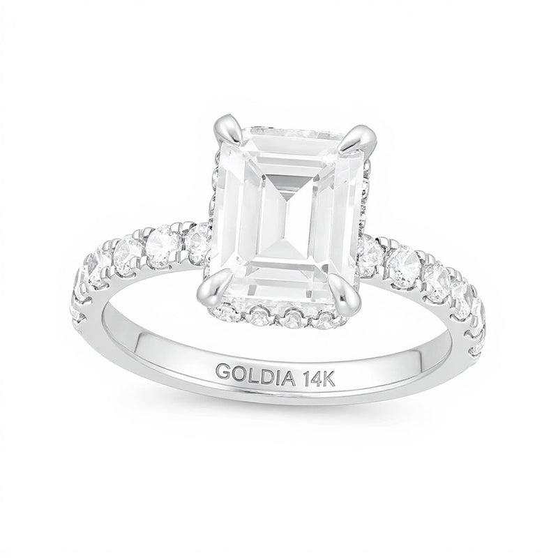 3.88 CT. Gesamtgewicht Solitär mit seitlichem Besatz Verlobungsring mit Labordiamanten im Smaragdschliff in 14K Weißgold (I/SI2)