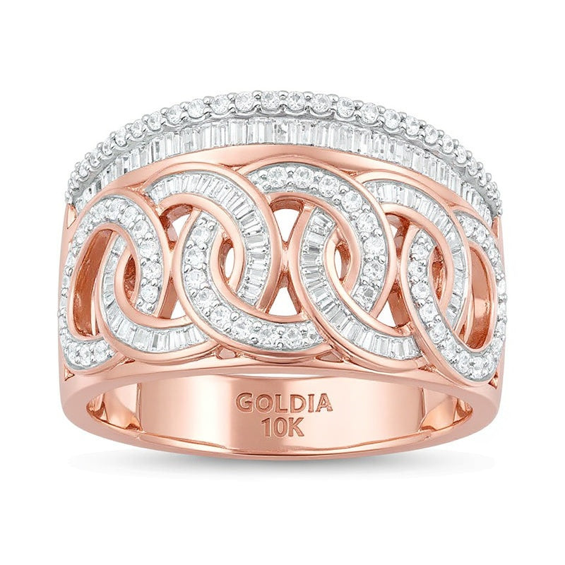1.0 CT. Gesamtgewicht Ring im Kettenglied-Design mit Baguette- und runden Diamanten in 10K Roségold