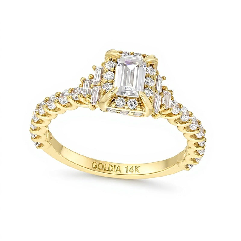 Verlobungsring 1.25 ct. Gesamtgewicht mit weißen Diamanten im Smaragdschliff und Baguette in 14K Gelbgold