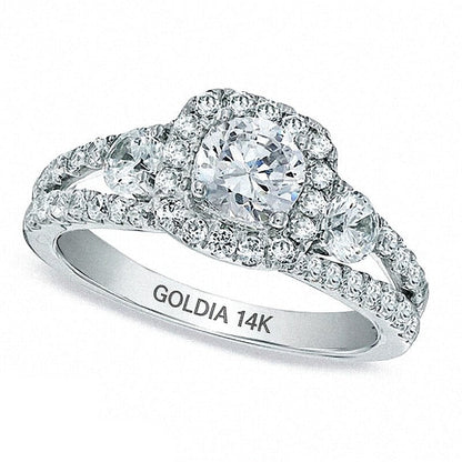 Dreistein-Verlobungsring mit runden weißen Diamanten in 14K Weißgold (I/I1)