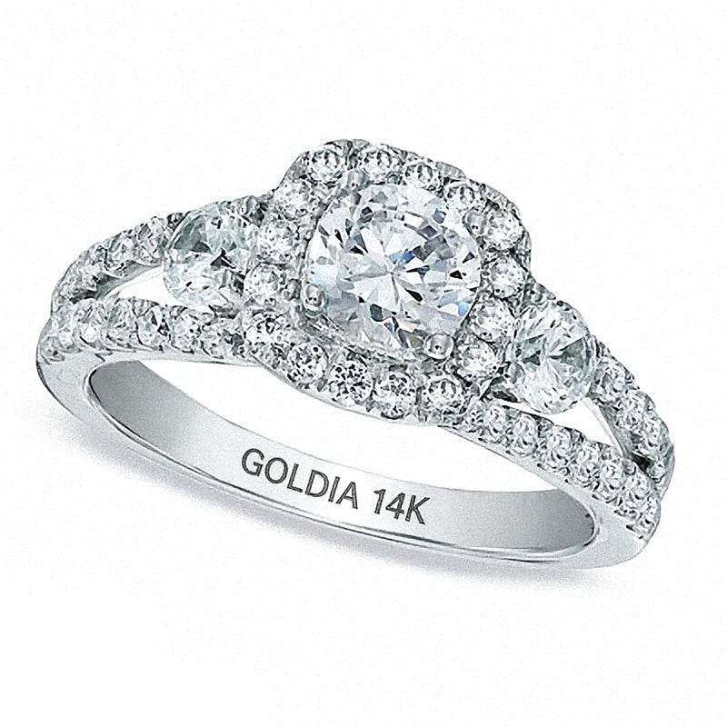 Dreistein-Verlobungsring mit runden weißen Diamanten in 14K Weißgold (I/I1)