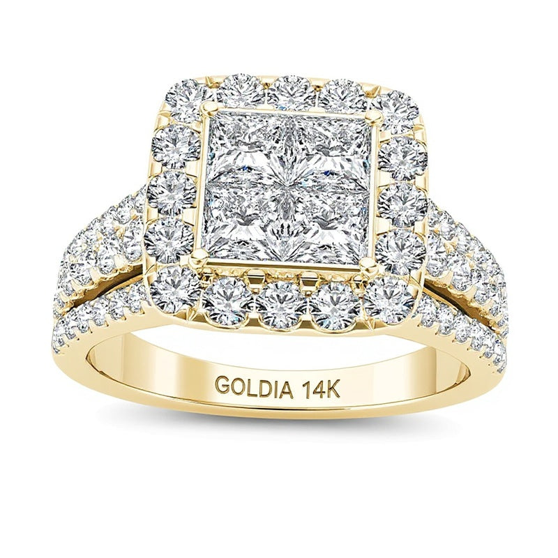 Verlobungsring mit mehreren Diamanten im Princess- und Rundschliff, 2.0 ct. Gesamtgewicht, in 14K Gelbgold
