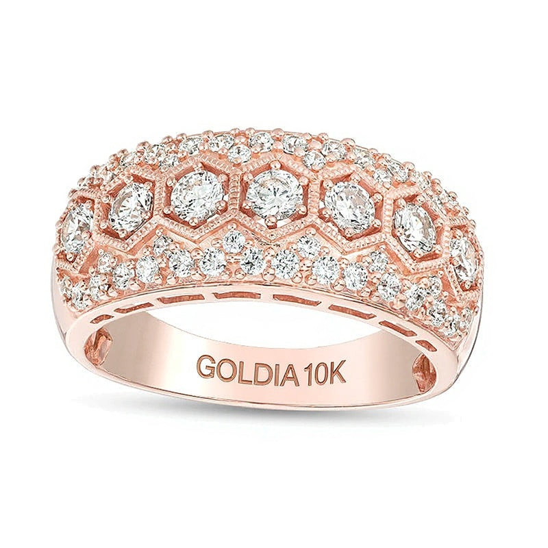 Memoire-Ring mit Diamanten 1.0 ct. Gesamtgewicht, sieben Steine im Sechseck-Rahmen im Vintage-Stil, 10K Roségold