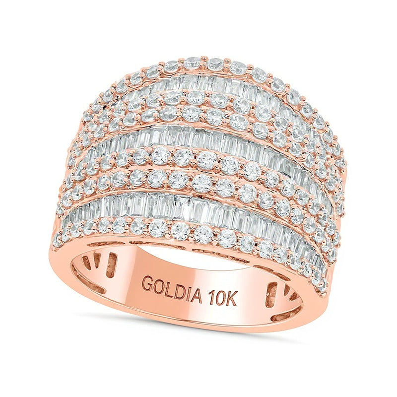 1,88 ct. Gesamtgewicht mehrreihiger Ring mit Diamanten im Baguette- und Rundschliff in 10K Roségold