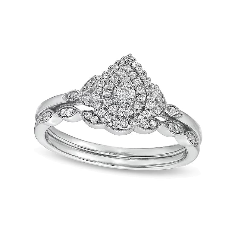 0.25 ct. Gesamtgewicht Braut-Set mit tropfenförmigen Diamanten im Vintage-Stil in 10K Weißgold