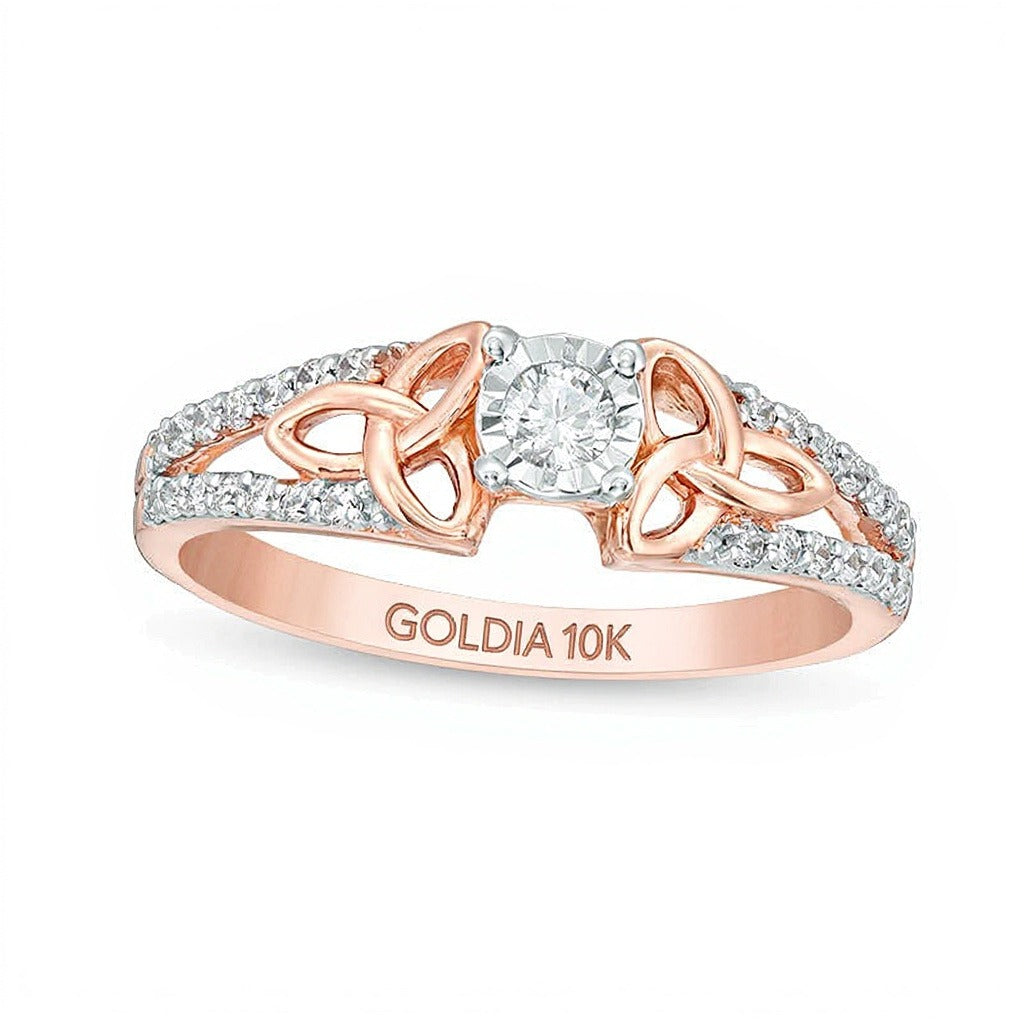 0.25 ct. Gesamtgewicht Diamant Verlobungsring mit keltischen Knoten und geteilter Schiene, Solitär mit seitlichem Besatz, in 10K Roségold