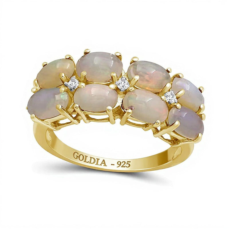 Fashion-Ring mit ovalem Opal und rundem weißem Zirkon zweireihig aus 14K Weißgold für Damen