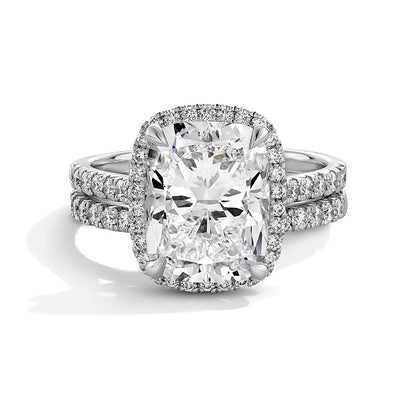 Braut-Set mit Labordiamanten im Kissenschliff und rund, 4,63 ct. Gesamtgewicht, in 14K Weißgold (F/VS2)
