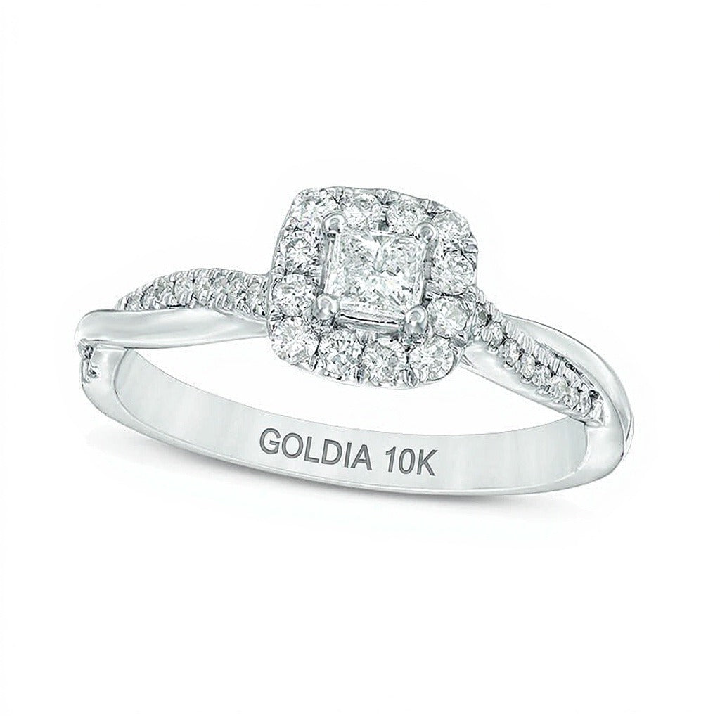 0.38 ct. Gesamtgewicht Verlobungsring mit Diamanten im Princess- und Rundschliff, Halo, in 10K Weißgold