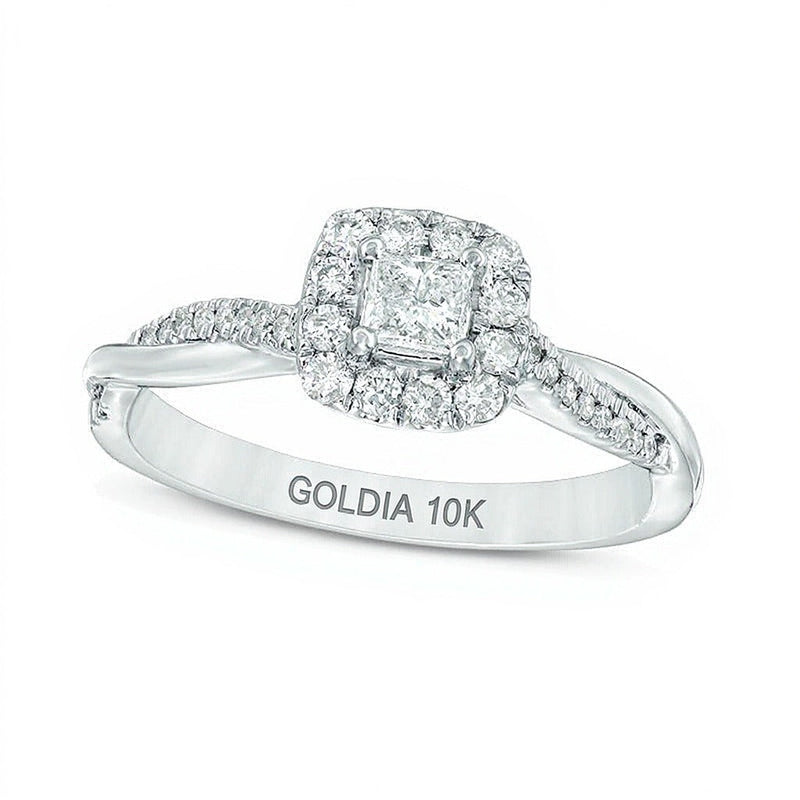 0.38 ct. Gesamtgewicht Verlobungsring mit Diamanten im Princess- und Rundschliff, Halo, in 10K Weißgold
