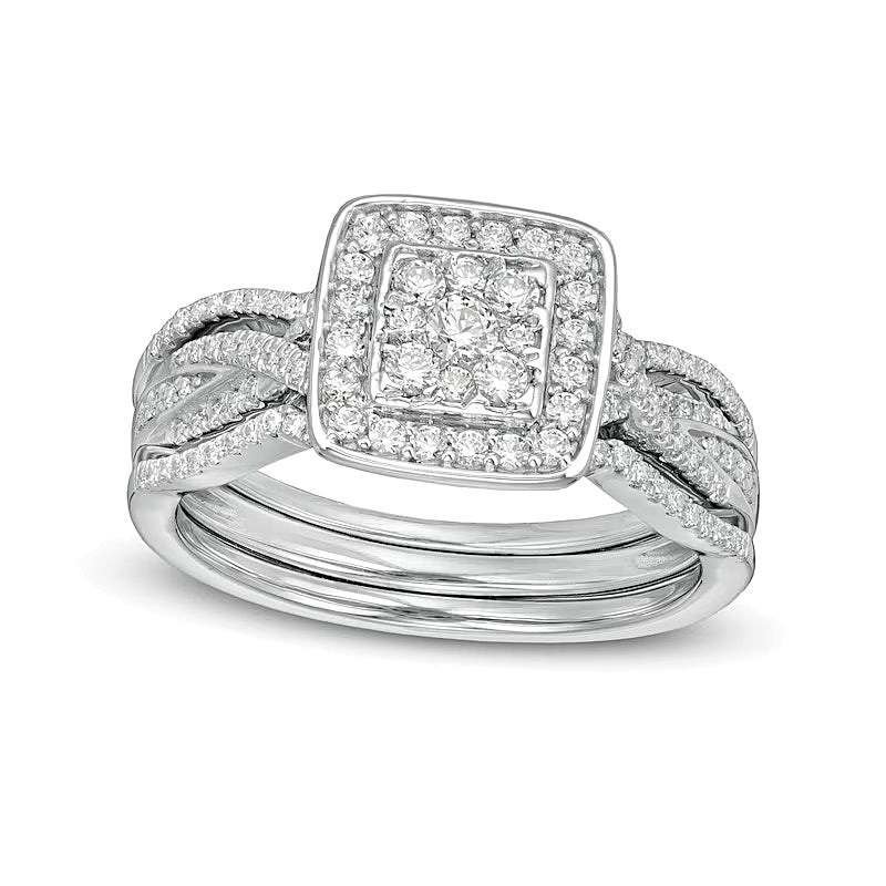 0.63 ct. Gesamtgewicht Komposit-Diamant Braut-Set mit quadratischem Rahmen und gedrehter Ringschiene in rhodiniertem Sterlingsilber