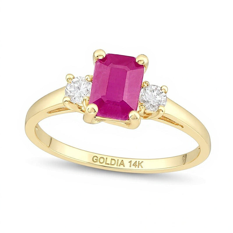 Dreistein-Ring mit Rubin im Smaragdschliff und 0,2 ct. Gesamtgewicht Diamanten in 14K Gold