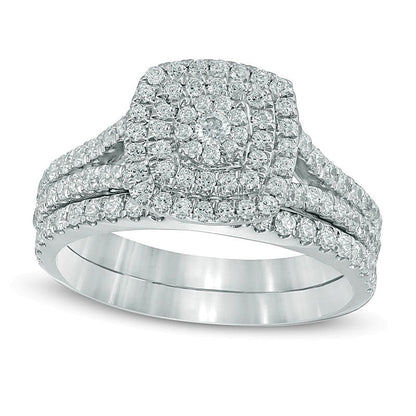 Brautset mit mehreren Diamanten und doppeltem quadratischen Rahmen 1.0 ct. Gesamtgewicht in 10K Weißgold