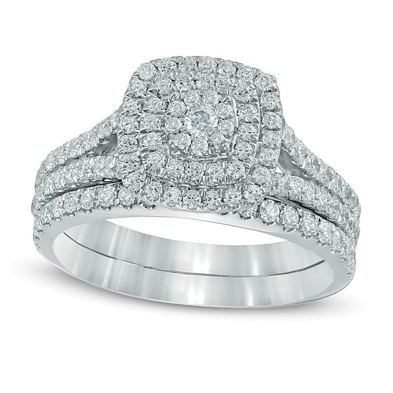 Brautset mit mehreren Diamanten und doppeltem quadratischen Rahmen 1.0 ct. Gesamtgewicht in 10K Weißgold