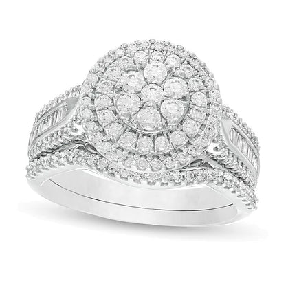 Braut-Set mit weißen Diamanten im Baguette- und Rundschliff, Komposit, mehrreihig, 1.0 ct. Gesamtgewicht, in 10K Weißgold
