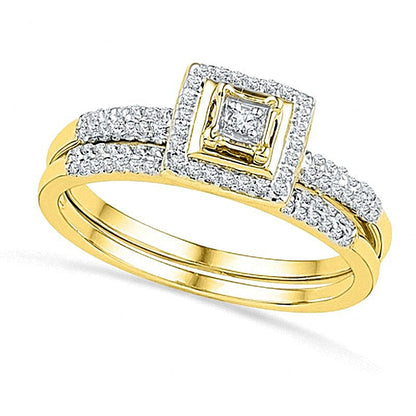 Diamant-Brautset mit quadratischem Rahmen 0,25 ct. Gesamtgewicht in 10K Gelbgold