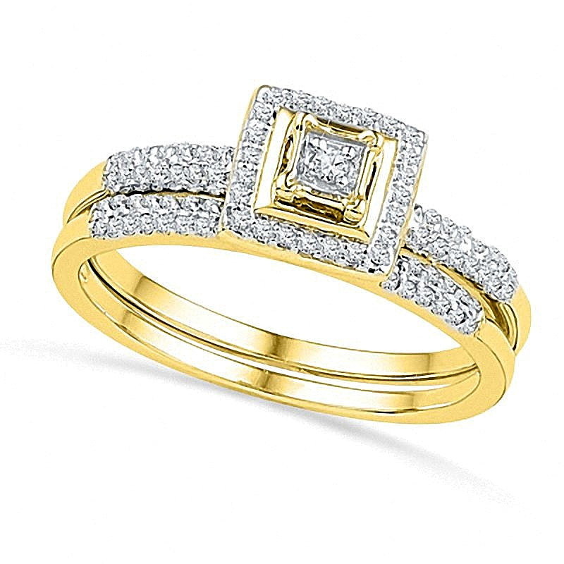 Diamant-Brautset mit quadratischem Rahmen 0,25 ct. Gesamtgewicht in 10K Gelbgold