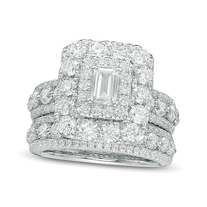 Brautset mit Diamanten im Smaragdschliff, doppeltem Rahmen und mehrreihigem Design, 4.0 ct. Gesamtgewicht, in 14K Weißgold (I/I1)