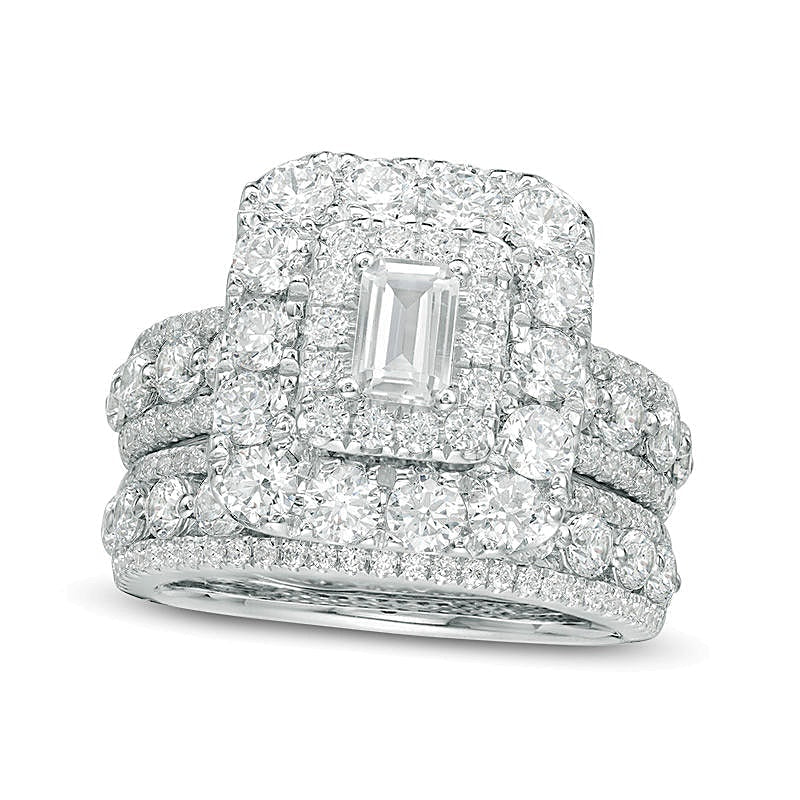 Brautset mit Diamanten im Smaragdschliff, doppeltem Rahmen und mehrreihigem Design, 4.0 ct. Gesamtgewicht, in 14K Weißgold (I/I1)