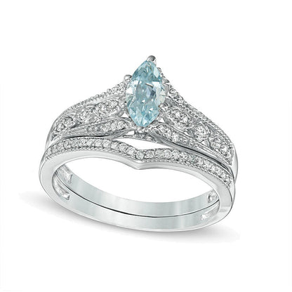Braut-Set mit Aquamarin im Marquise-Schliff und 0,2 ct. Gesamtgewicht Diamanten im Vintage-Stil in 10K Weißgold