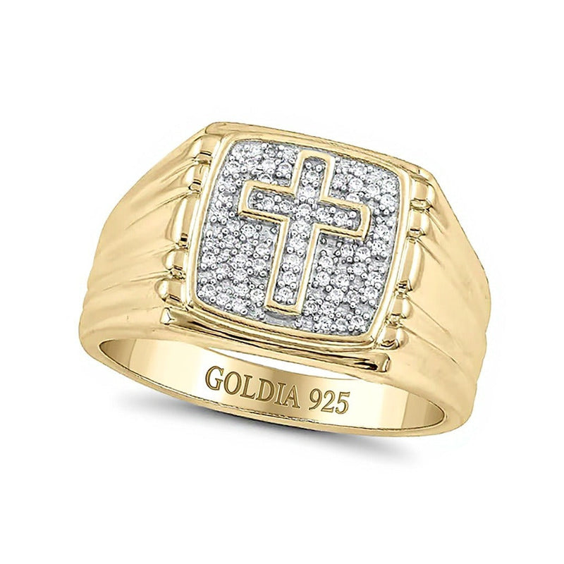 0.17 ct. Gesamtgewicht Komposit-Diamant Kreuz-Ring in Quadratform mit geripptem Ringschienen-Design aus Sterlingsilber mit 14K Goldauflage