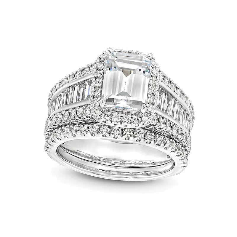 Braut-Set mit Labordiamanten im Smaragdschliff, 3.75 ct. Gesamtgewicht, Halo, in 14K Weißgold (F/VS2)